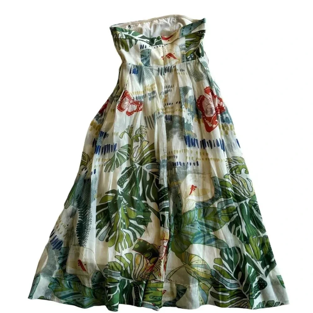 Leo Lin Botanical Print Knee-Length Strapless A-Line Linen Silk Dress US Size 2 - Picture 4 of 10